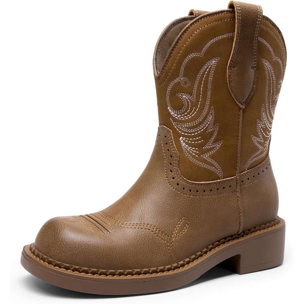 Women's Tan Round Toe Embroidered Mid Calf Western Casual Cowgirl Boots